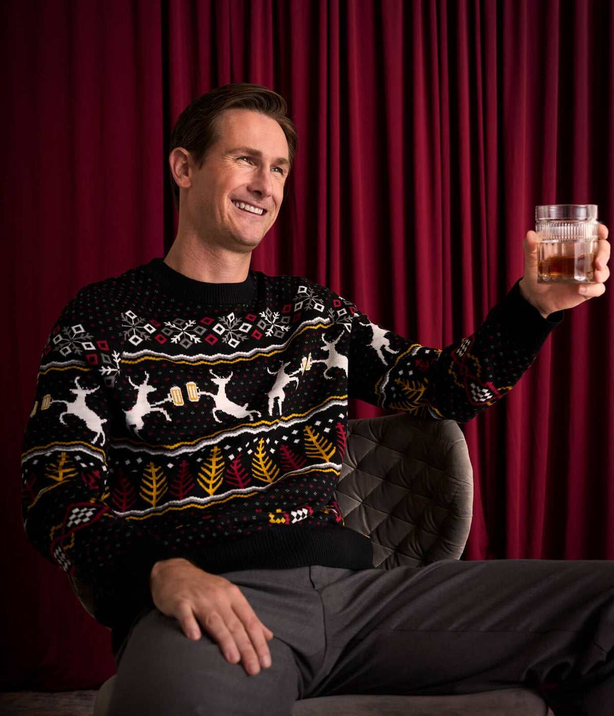 Mens Retro Ugly Christmas Sweater Featuring Deer, Beer Mugs, Trees, and Snowflakes