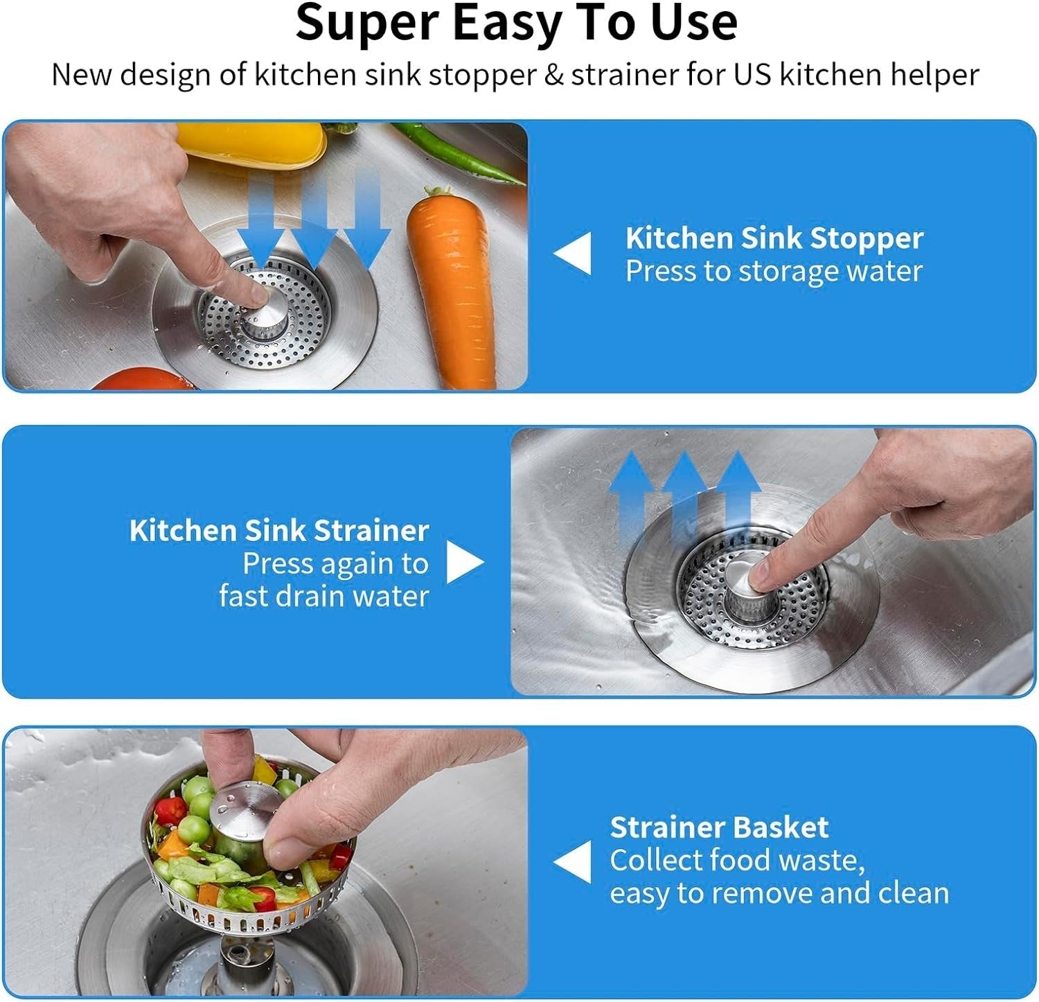 Pop Up Kitchen Sink Drain Strainer with Stainless Steel Basket Filter
