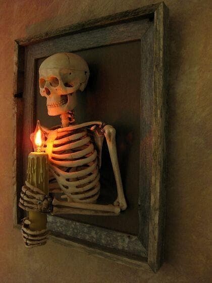 Framed 3D Skeleton Wall Art with Flickering Candle Light and Shadow Box Display