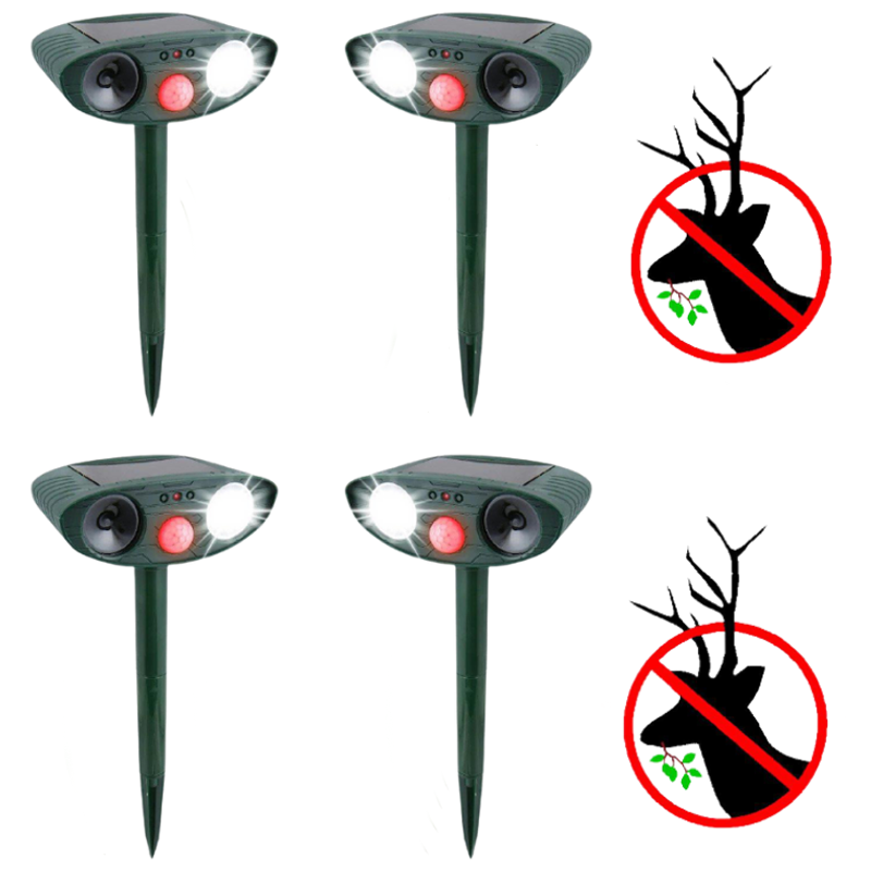 Solar Motion-Activated Animal Repeller with Dual Ultrasonic Speakers and LED Flash, 4-Pack