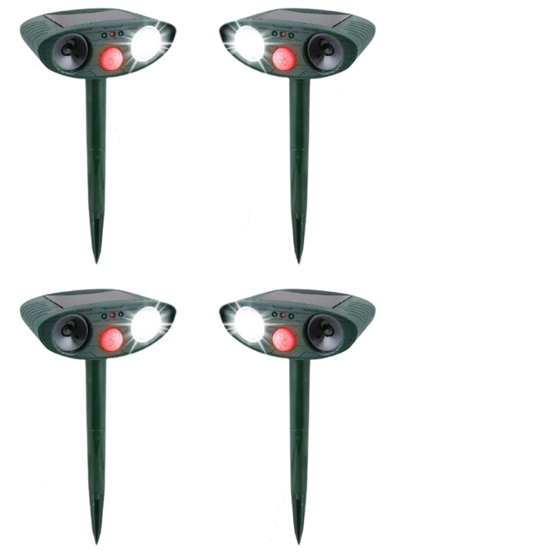 Solar Motion-Activated Animal Repeller with Dual Ultrasonic Speakers and LED Flash, 4-Pack