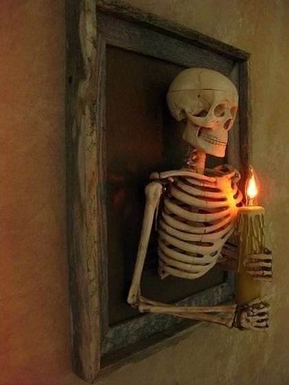 Framed 3D Skeleton Wall Art with Flickering Candle Light and Shadow Box Display