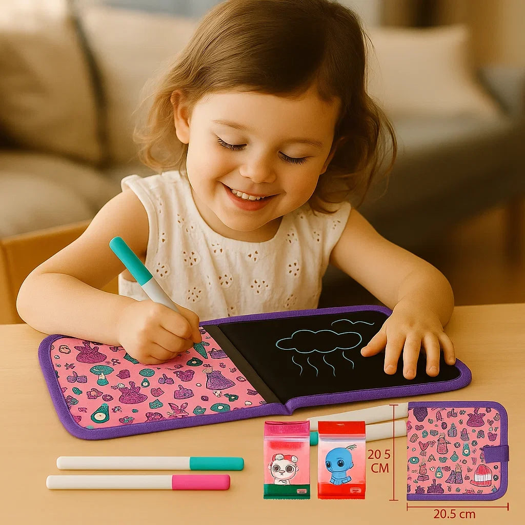 Wipeable Drawing Book with Washable Markers and Flat Binding for Kids