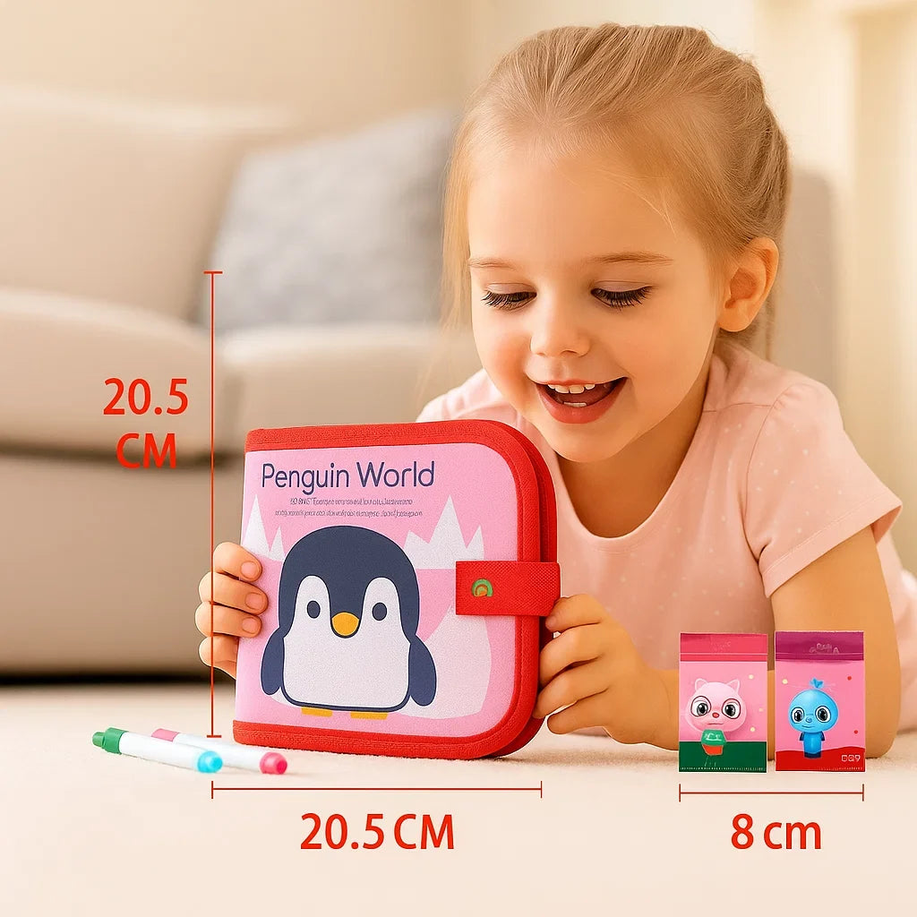 Wipeable Drawing Book with Washable Markers and Flat Binding for Kids