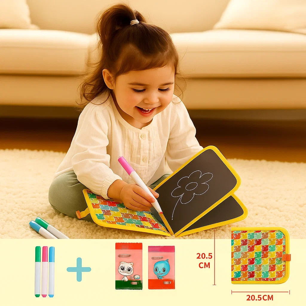 Wipeable Drawing Book with Washable Markers and Flat Binding for Kids