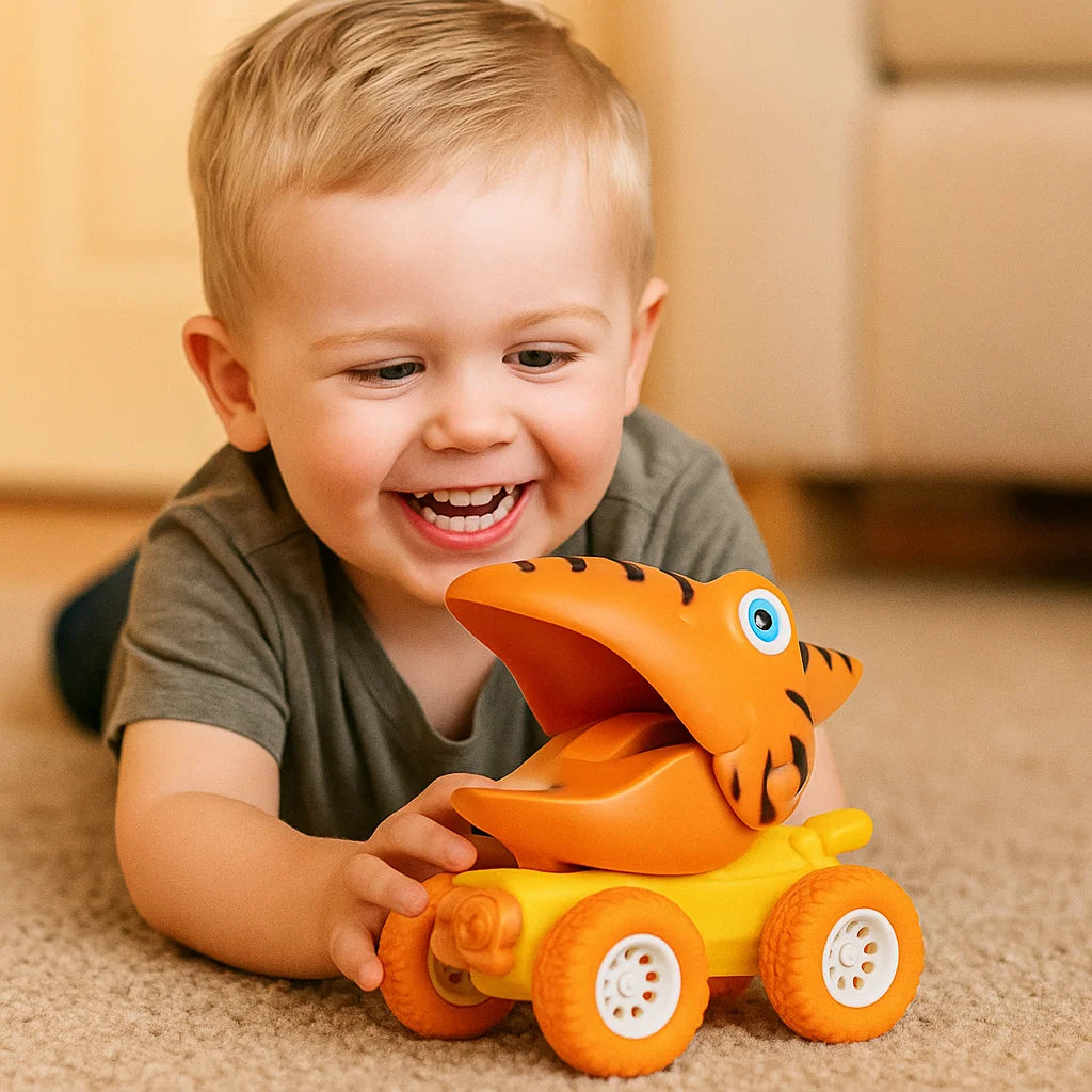 Push and Go Dino Monster Truck Toy with Sturdy Wheels in Orange, Blue, or Red