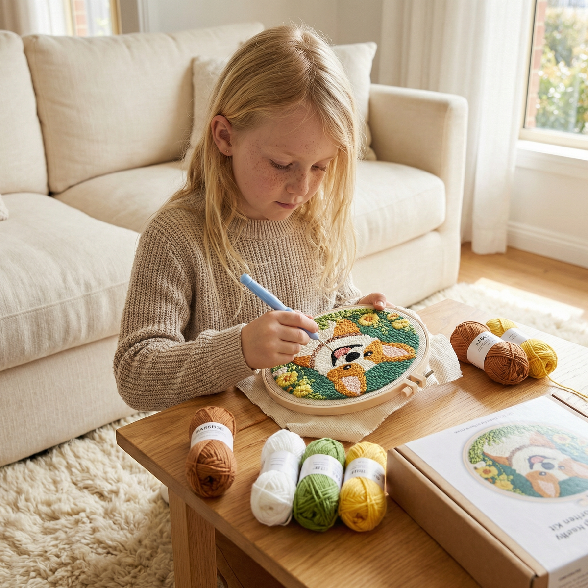 Punch Needle Embroidery Kit with Pre-Printed Fabric and Sorted Yarn for Beginners