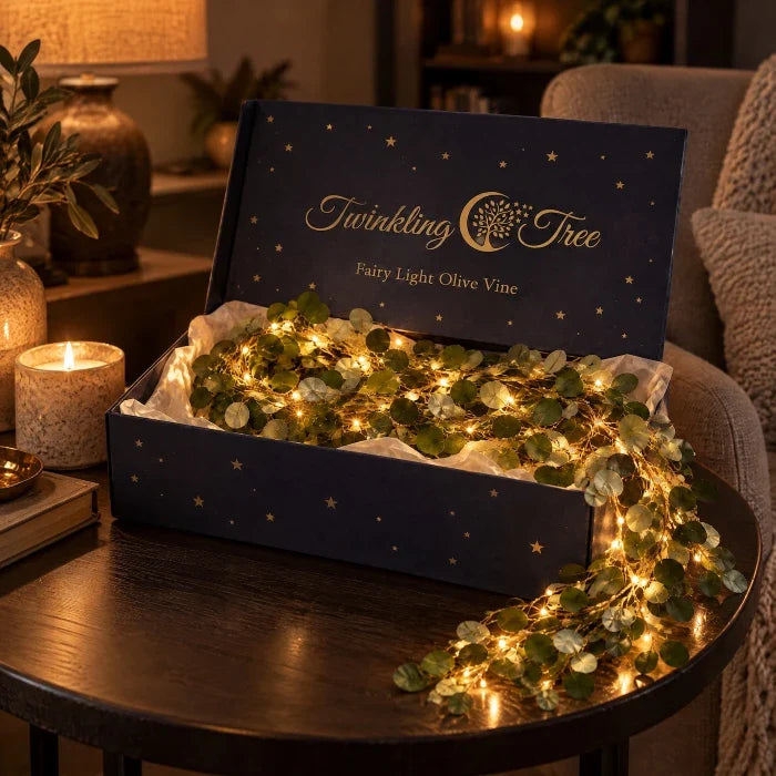 Light Up Olive Vine with Fairy Lights Among Leaves for Mantels Shelves and Mirrors