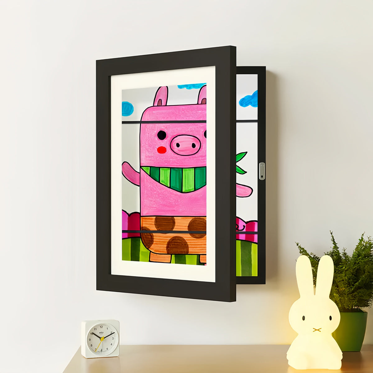 Wall Mount Artwork Display Frame with Magnetic Latch and Storage for 150 Drawings