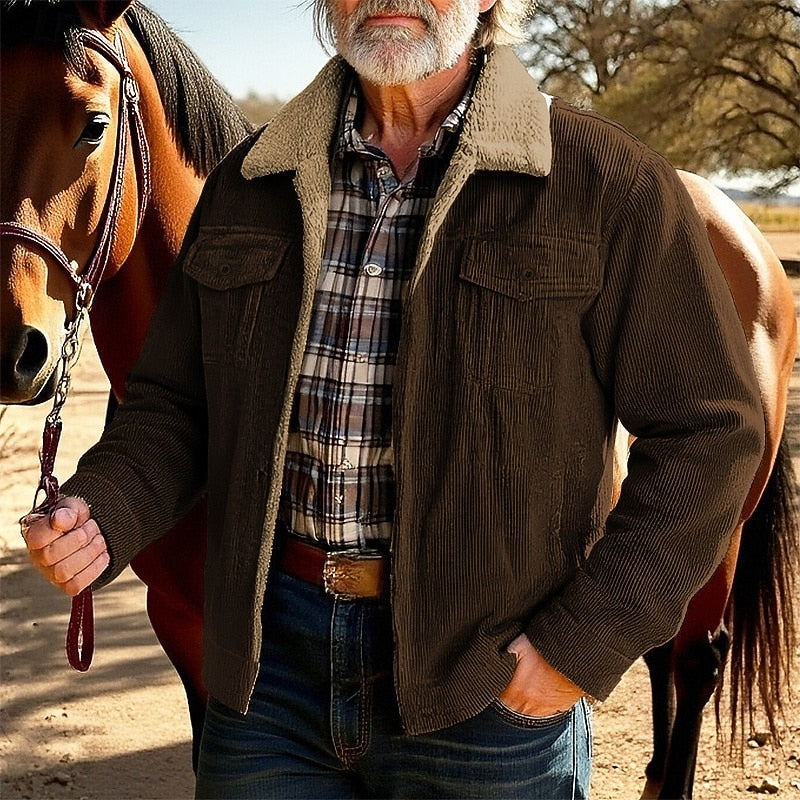Fleece Lined Collar Jacket with Ribbed Texture and Relaxed Fit, Multiple Pockets