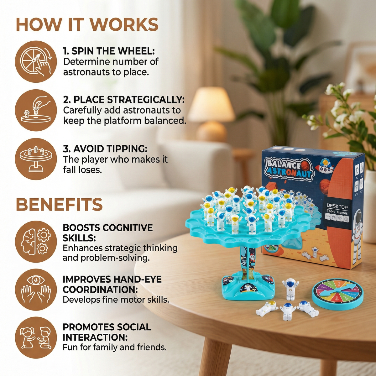 Space Themed Stacking Game with Spinner and Dice for Balance Training