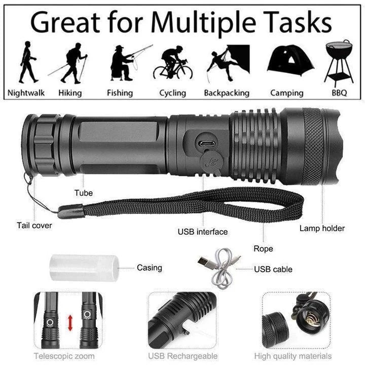 Rechargeable Flashlight with Telescopic Zoom and 90000 Lumen Output for Outdoor Camping
