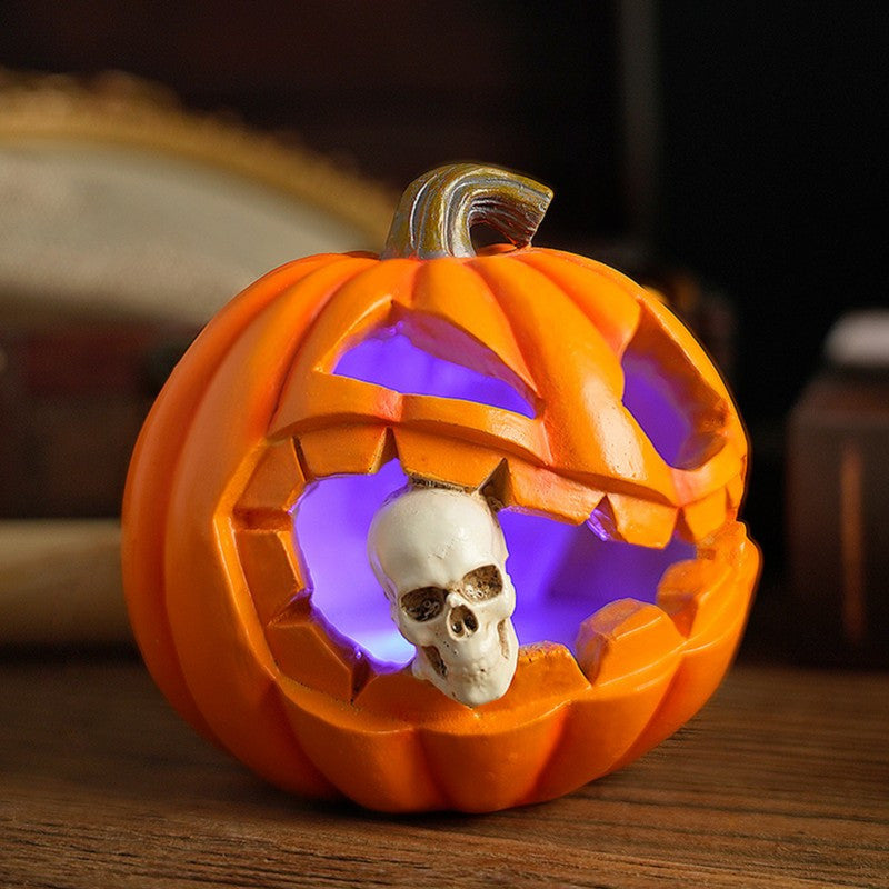 Carved Jack OLantern Resin Ornament with Skull Detail and Freestanding Base