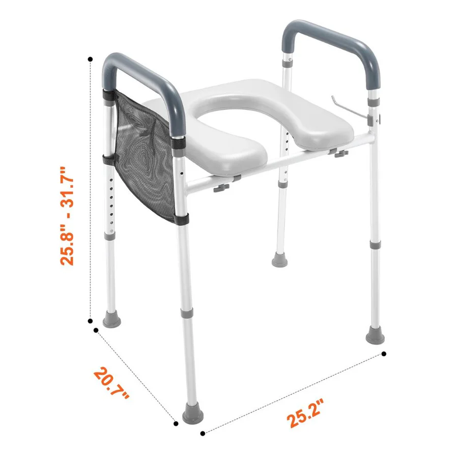 Adjustable Height Raised Toilet Seat Frame with Padded Armrests and Aluminum Body