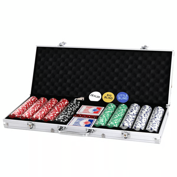 Poker Chip Set of 500 Weighted Chips with Two Card Decks Five Dice and Aluminum Case