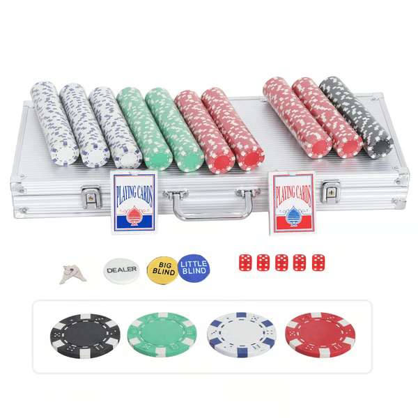 Poker Chip Set of 500 Weighted Chips with Two Card Decks Five Dice and Aluminum Case