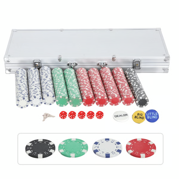 Poker Chip Set of 500 Weighted Chips with Two Card Decks Five Dice and Aluminum Case