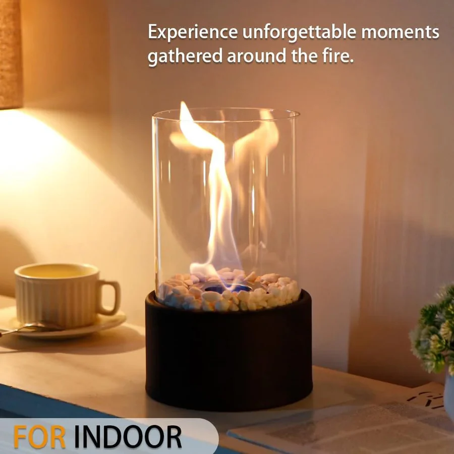 Tabletop Ethanol Fireplace with Glass Cylinder and Decorative Stones
