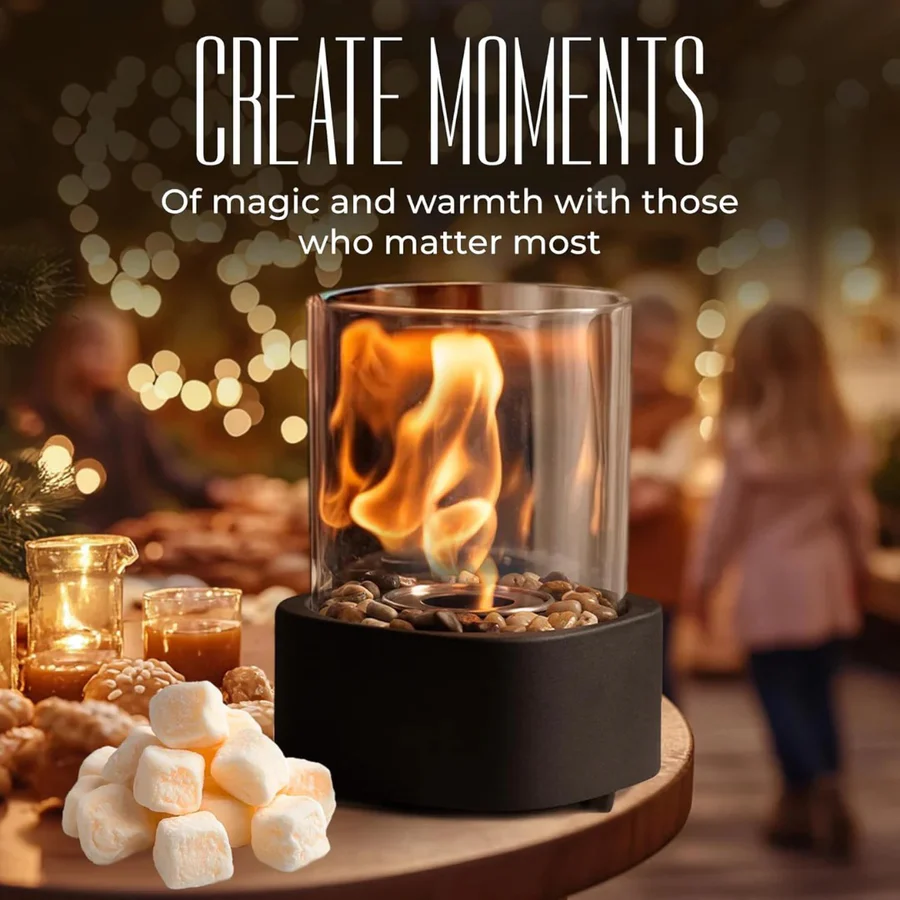 Tabletop Ethanol Fireplace with Glass Cylinder and Decorative Stones