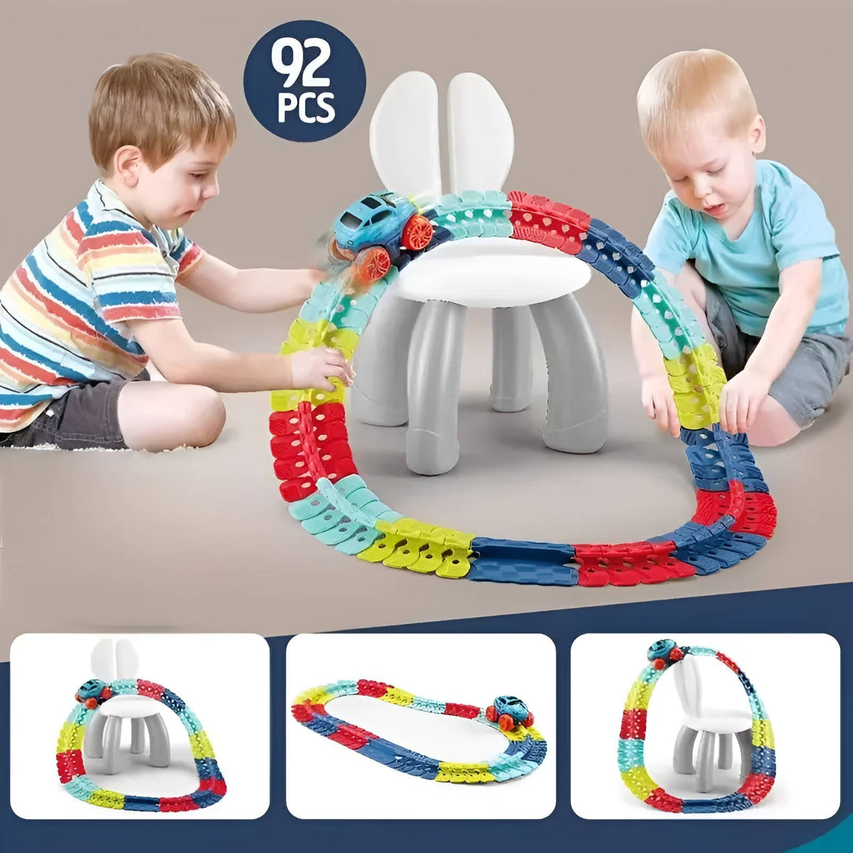 Glow in the Dark Flexible Race Track Set with Snap Together Pieces and a Detachable Body Car in 92 or 184 Pieces