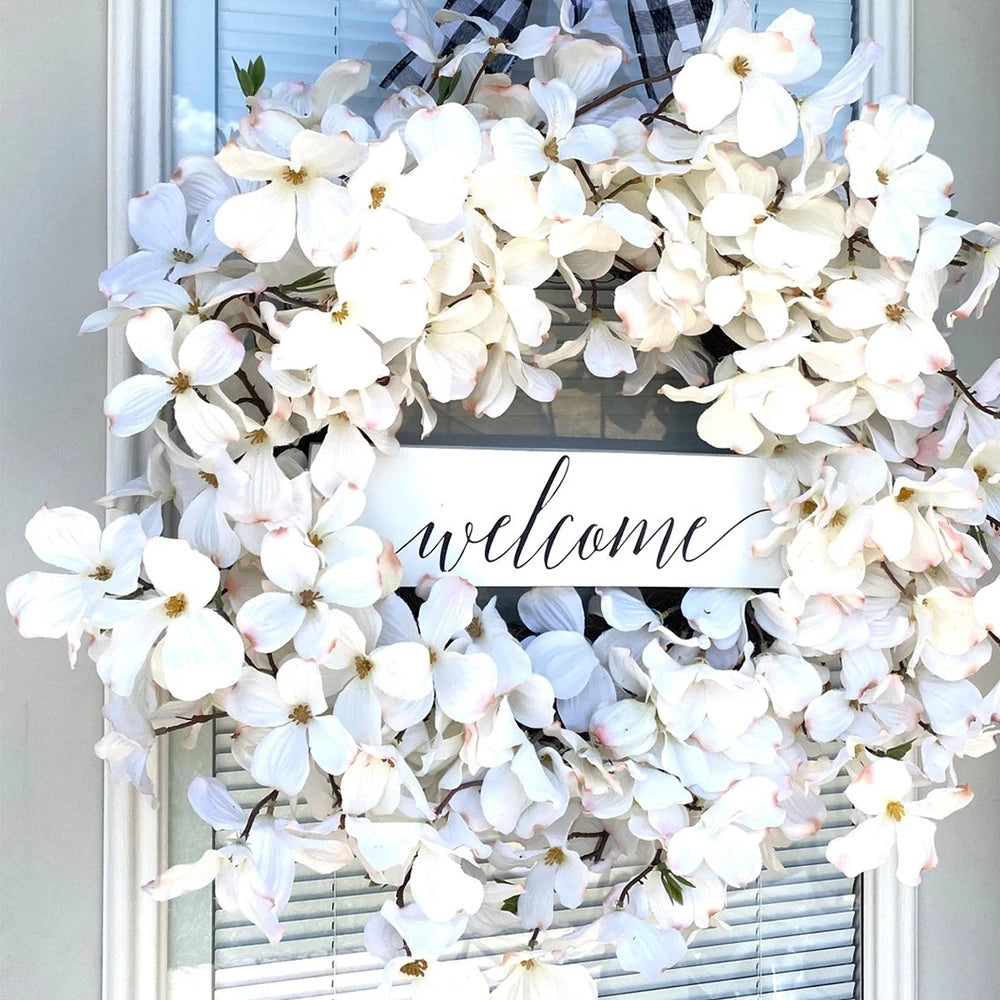 Artificial Dogwood Wreath with White Blossoms and Rattan Base