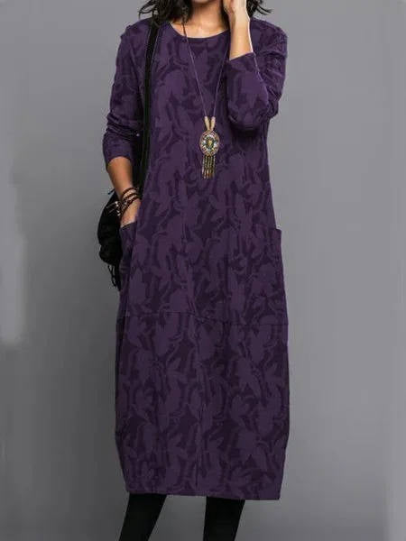 Dress with Long Sleeves and Deep Side Pockets, Floral Cotton Blend