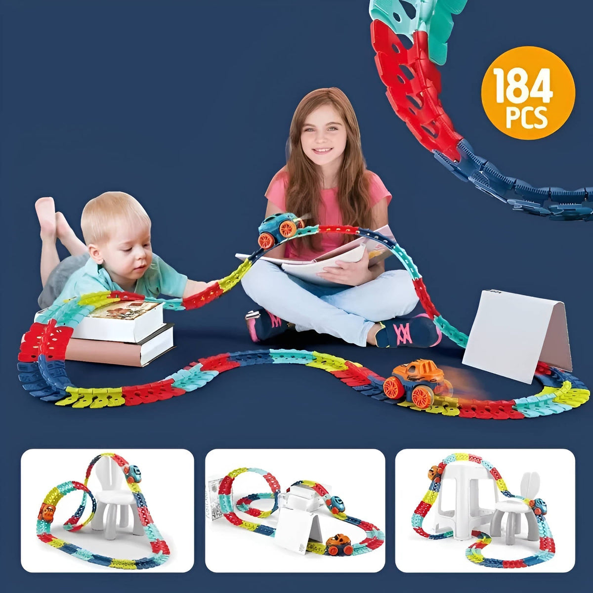 Glow in the Dark Flexible Race Track Set with Snap Together Pieces and a Detachable Body Car in 92 or 184 Pieces
