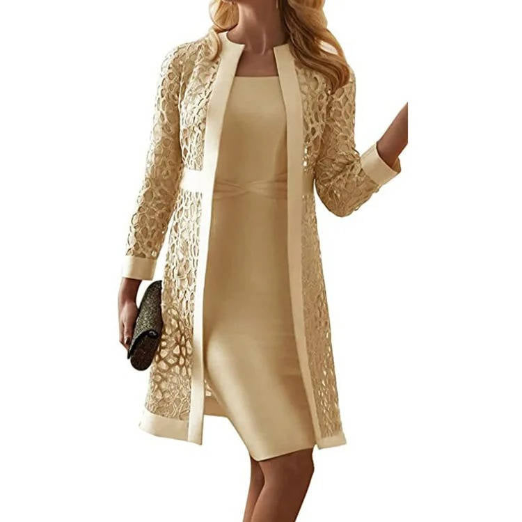 Two Piece Knee Length Dress and Floral Lace Jacket Set for Weddings and Formal Events