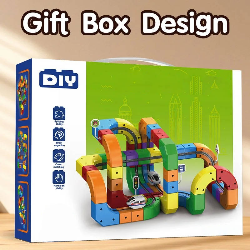 Motorized Train Set with Magnetic Track Cubes and Flexible Bendy Sections, USB Rechargeable
