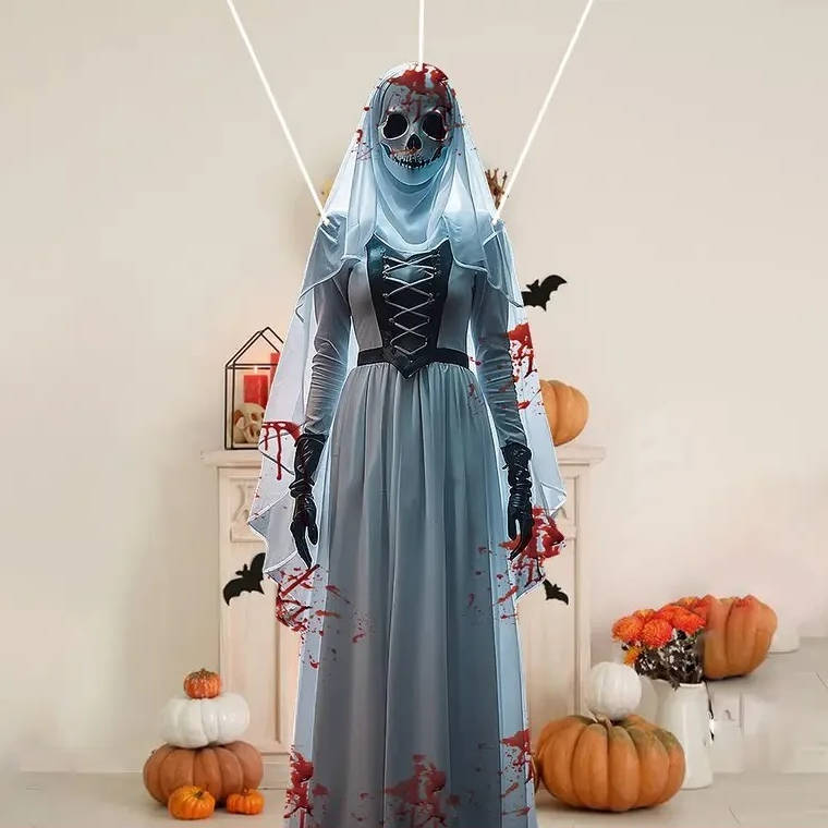 Skull Faced Bride Hanging Decoration with Weather Resistant Fabric and Hooks, 39.5in