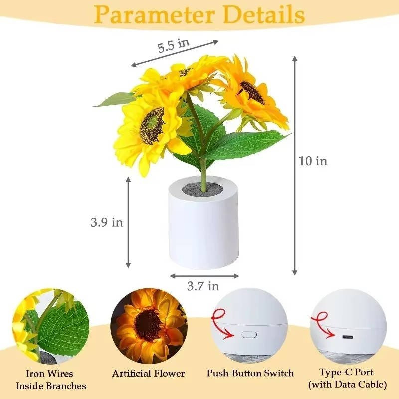 Copper Wire Sunflower Night Light with Flexible Stem and Dual Brightness, USB Rechargeable - Alverraliving
