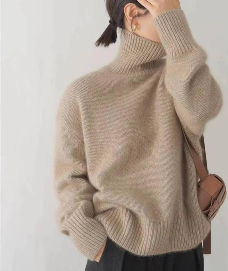 Loose Fit Turtleneck Sweater with Full Length Sleeves and Stretch Knit