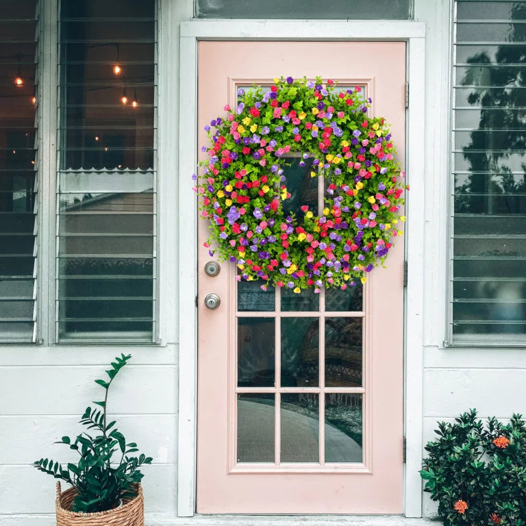 Wildflower Spring Wreath with Eucalyptus Leaves and Built-in Hanging Loop
