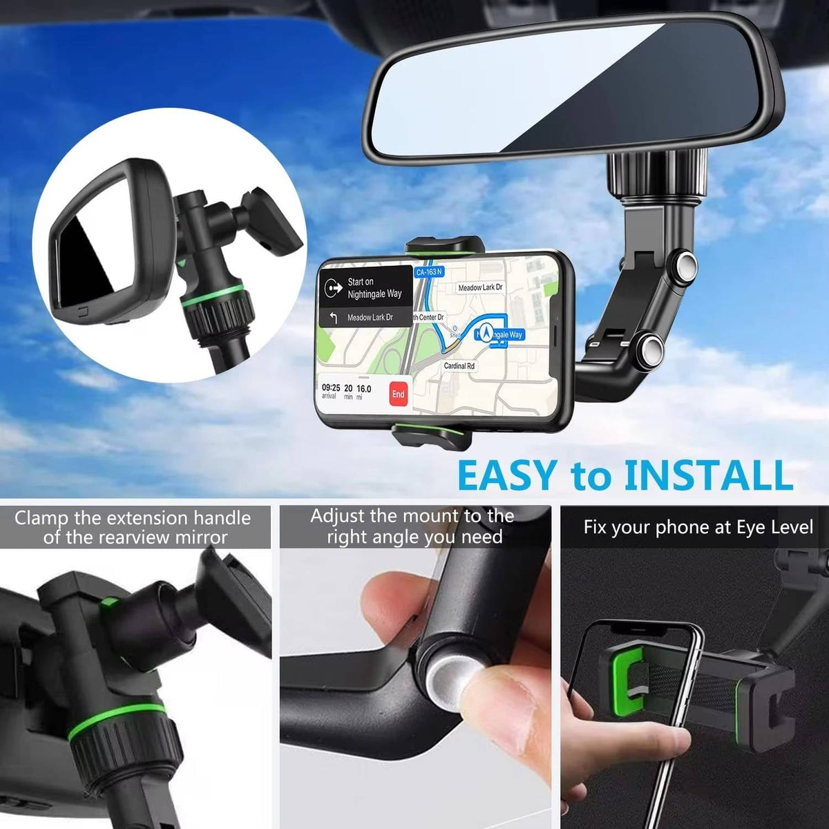 Rearview Mirror Phone Mount with 360 Degree Rotation and Silicone Grip