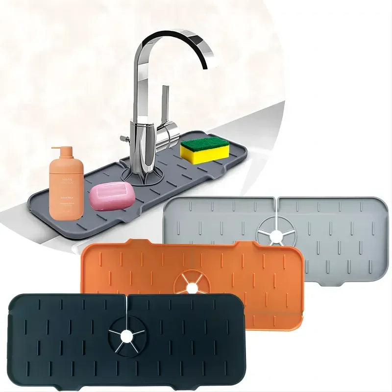 Silicone Sink Splash Mat with Drain Grooves and Storage Space