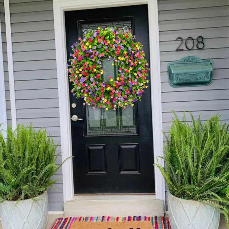 Wildflower Spring Wreath with Eucalyptus Leaves and Built-in Hanging Loop