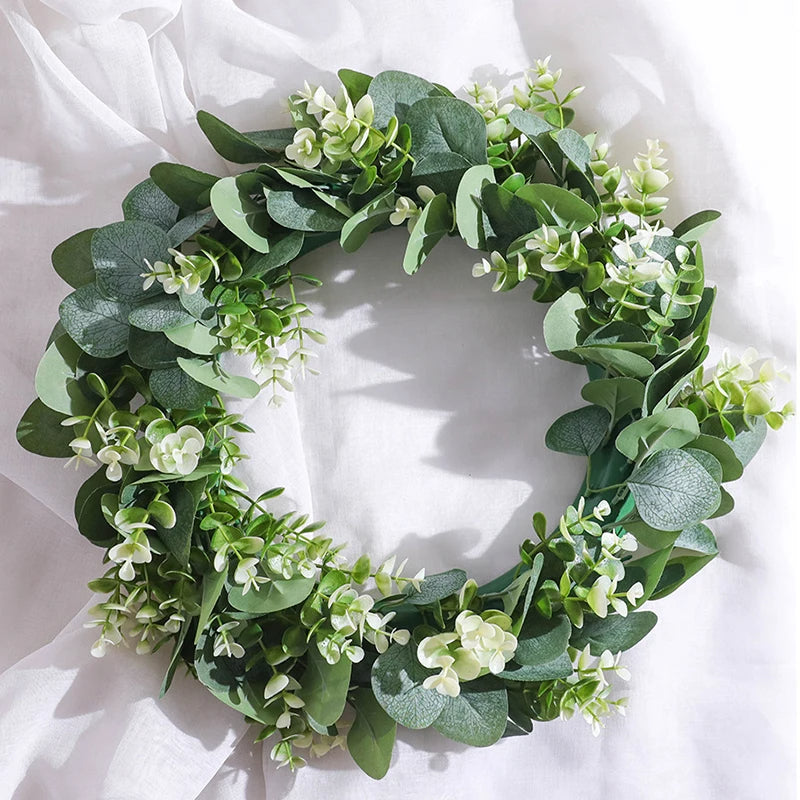 Artificial Eucalyptus Wreath with White Berries and Rattan Base
