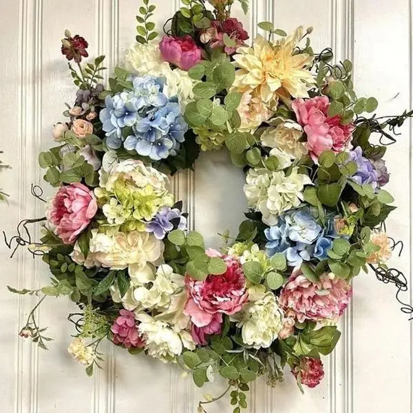 Artificial Hydrangea Wreath with Rainbow Blooms and Green Foliage