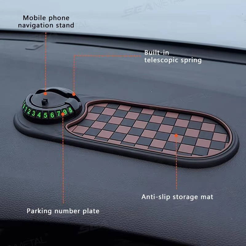 Dashboard Car Phone Holder with Telescopic Spring Grip and Storage Compartments, 360 Degree Rotation