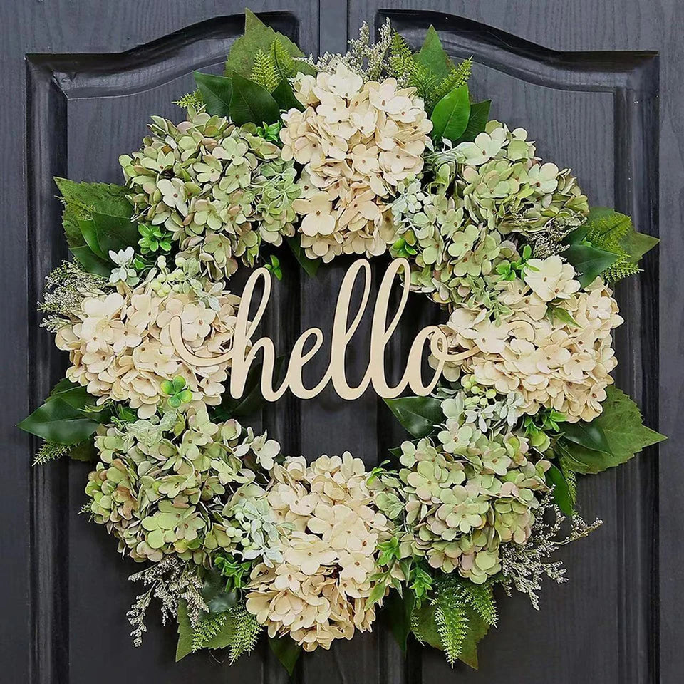 Silk Hydrangea Wreath with Hello Sign and White Berry Accents