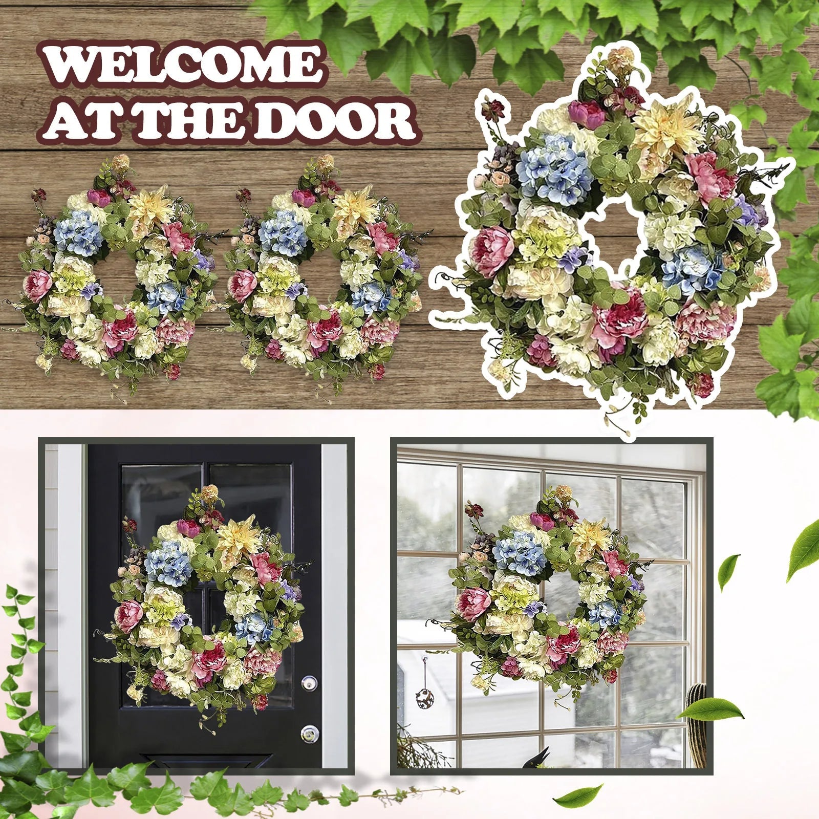 Artificial Hydrangea Wreath with Rainbow Blooms and Green Foliage