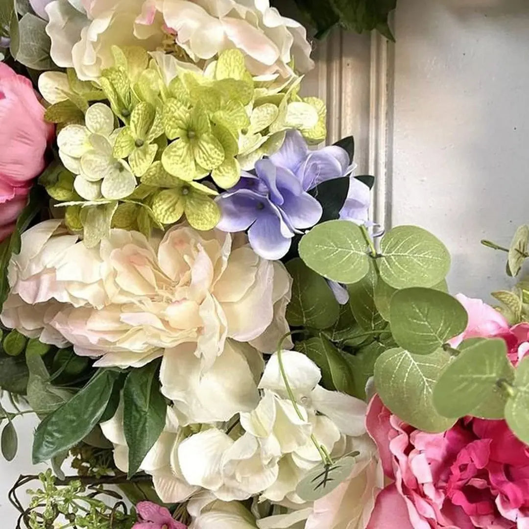 Artificial Hydrangea Wreath with Rainbow Blooms and Green Foliage