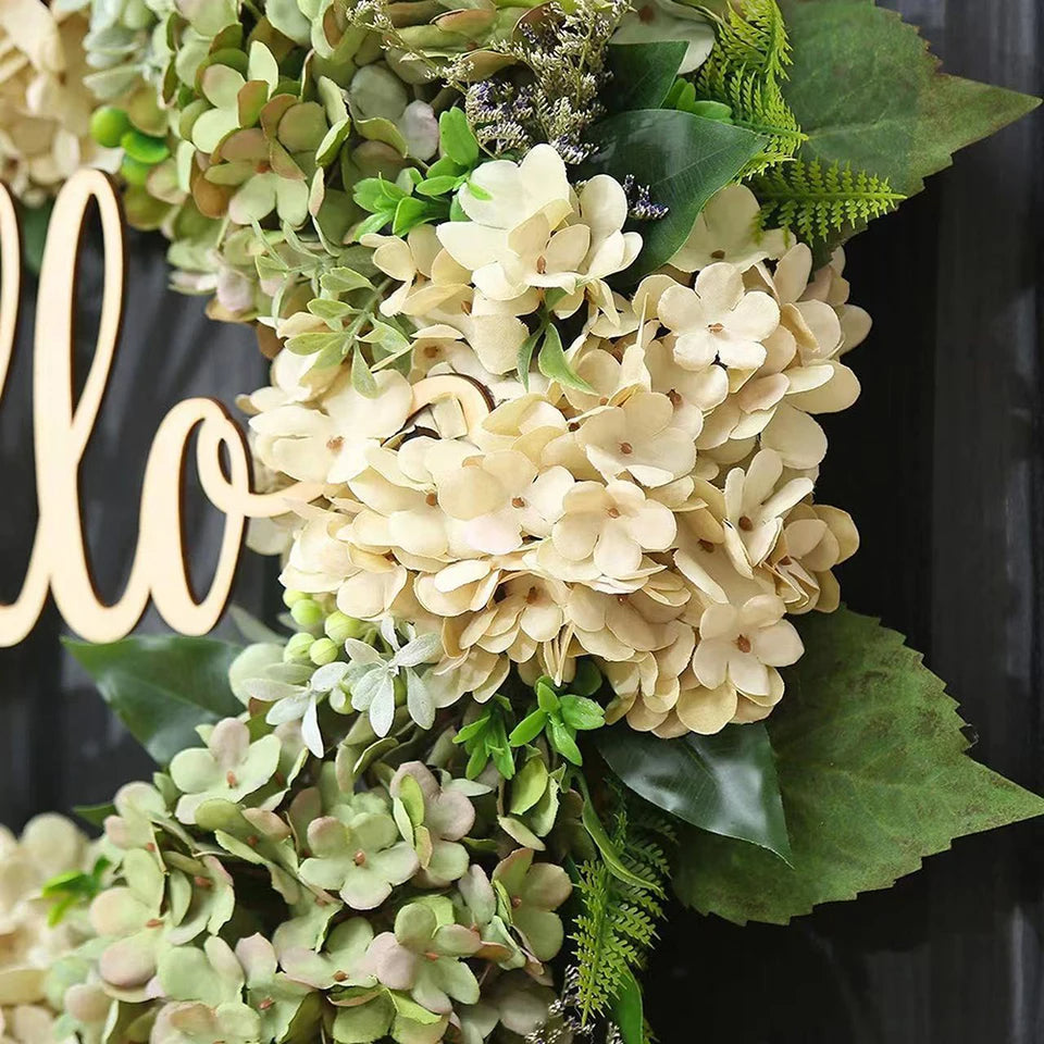 Silk Hydrangea Wreath with Hello Sign and White Berry Accents