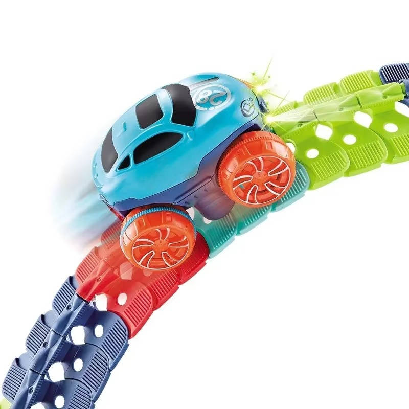 Glow in the Dark Flexible Race Track Set with Snap Together Pieces and a Detachable Body Car in 92 or 184 Pieces
