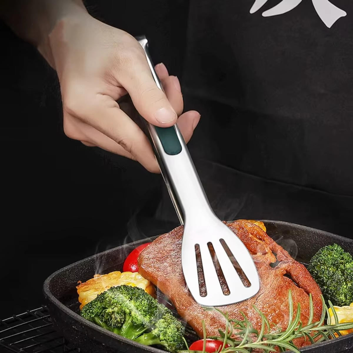 Stainless Steel Kitchen Tongs with Scalloped Tips and Spring-Loaded Mechanism