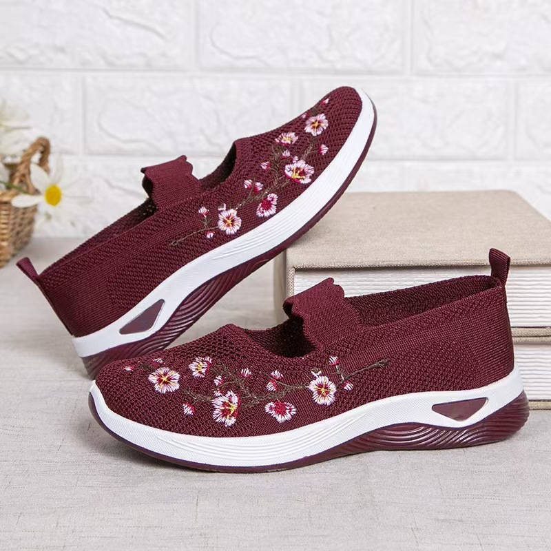 Women's Slip-On Mary Jane Shoes with Elastic Instep Strap and Floral Embroidery
