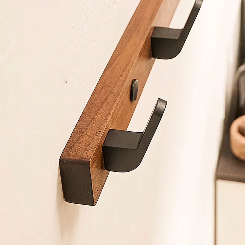 Wall Mounted Coat Rack with Wood Base and Metal Hooks