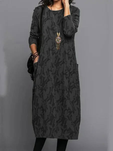 Dress with Long Sleeves and Deep Side Pockets, Floral Cotton Blend