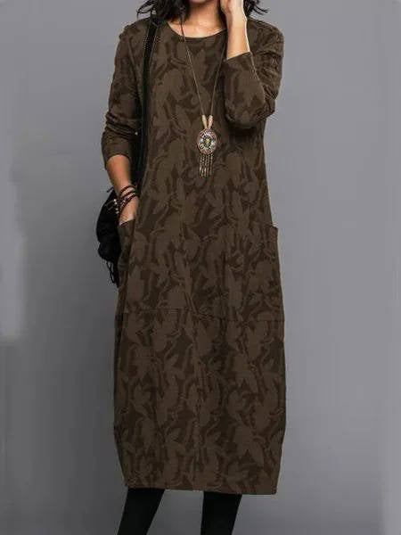 Dress with Long Sleeves and Deep Side Pockets, Floral Cotton Blend