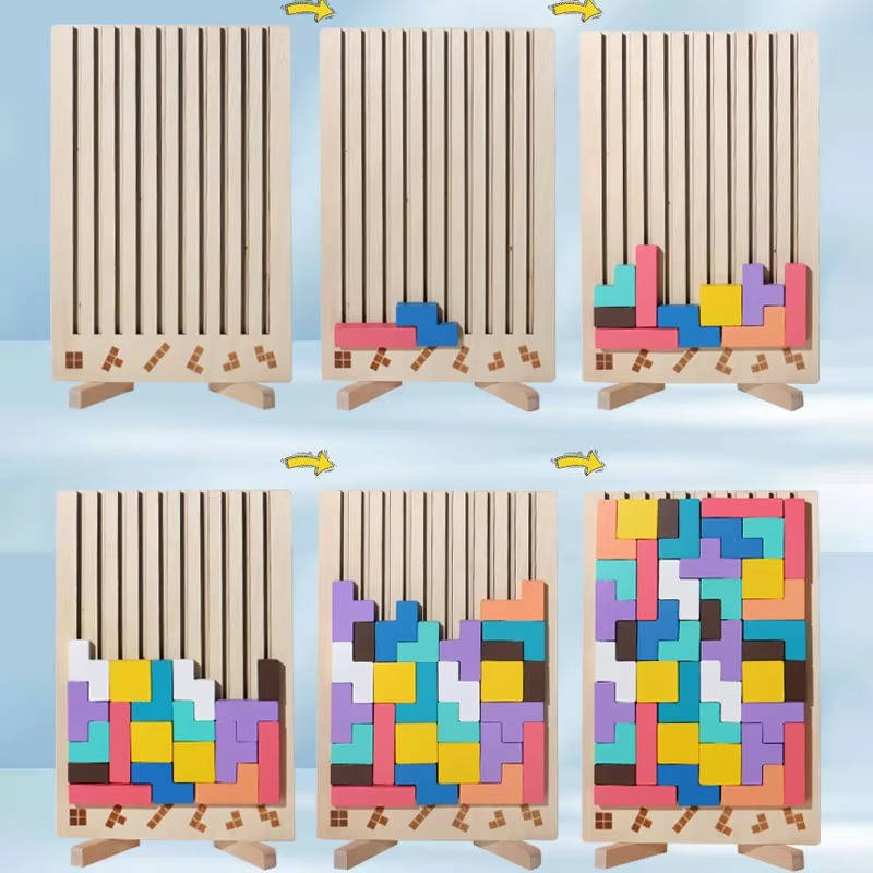 Wooden Block Puzzle with 42 Pieces and 10 Puzzle Cards for Kids